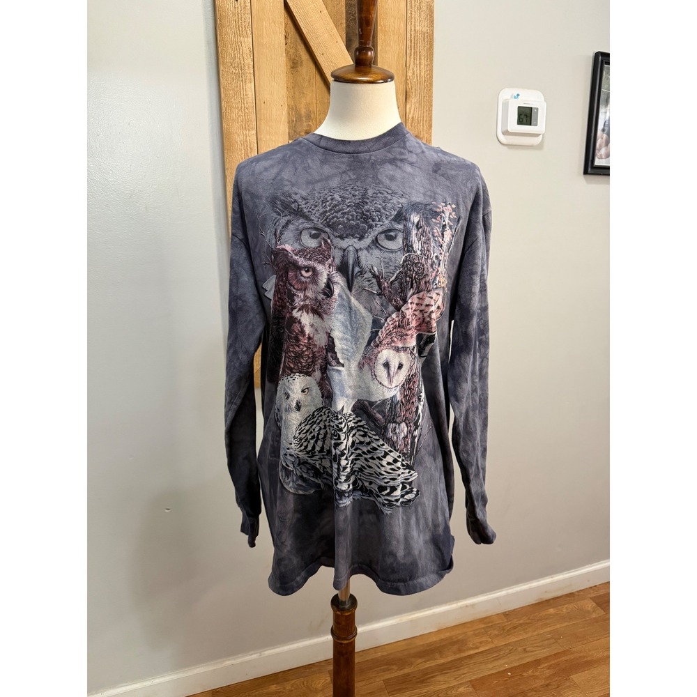 The Mountain Owl Collage Graphic Long Sleeve T-Shirt Grey Tie Dye Mens Large
